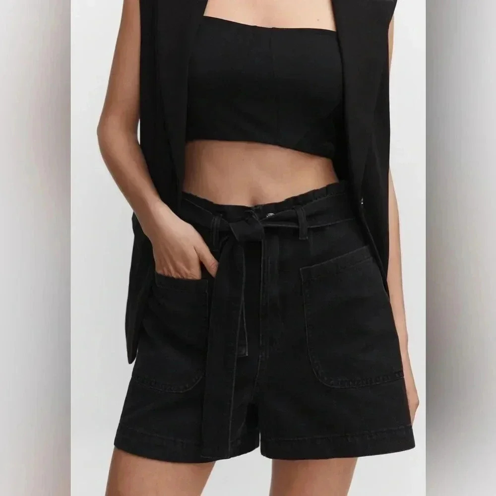 Mango Black Paperbag Shorts with Belt NWT